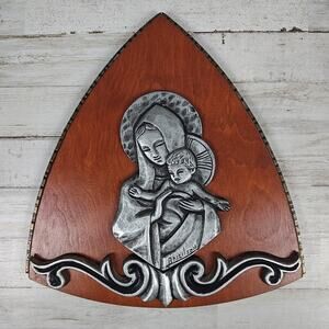 Vintage A. Neilson Pewter Plaque Madonna & Child Mounted On Wood Base Canada